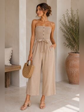 Smocked Bodice Wide-Leg Jumpsuit in Beige